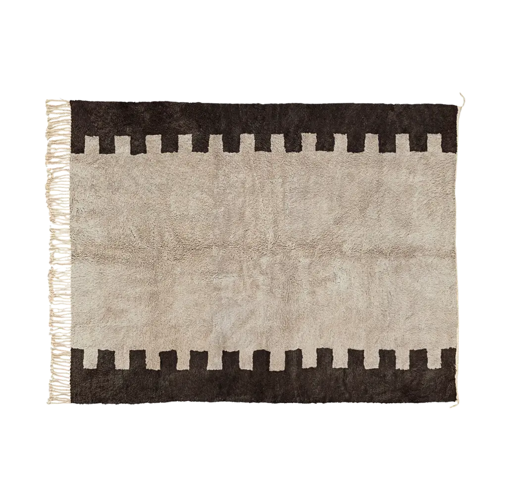 ASARU ivory Beni Mrirt rug with dark brown stepped borders, hand-knotted in M’rirt from Moroccan wool