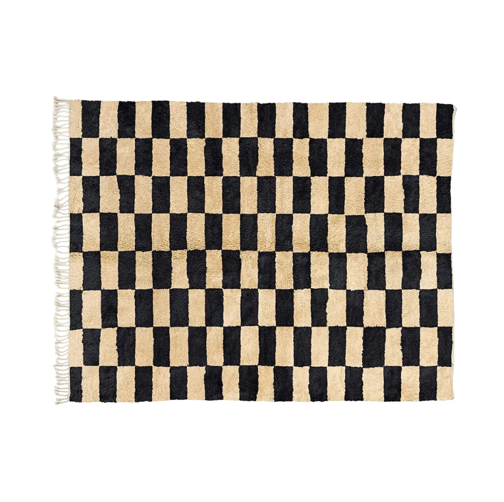 DAMMA checkered Beni Mrirt rug hand-knotted from black and ivory Moroccan wool