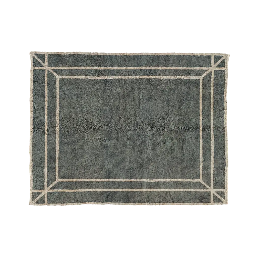 Alt textINAYA charcoal Beni Mrirt rug with an ivory double-line border, hand-knotted in M’rirt from Moroccan wool