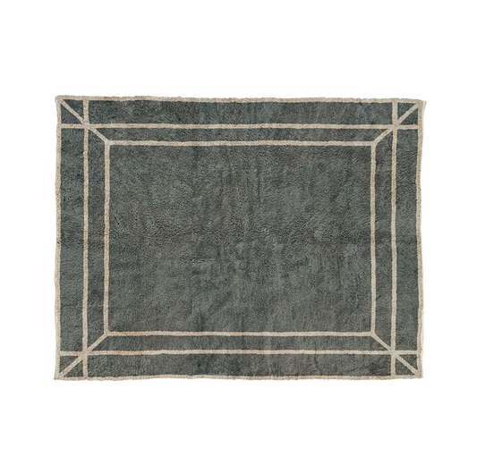 Alt textINAYA charcoal Beni Mrirt rug with an ivory double-line border, hand-knotted in M’rirt from Moroccan wool