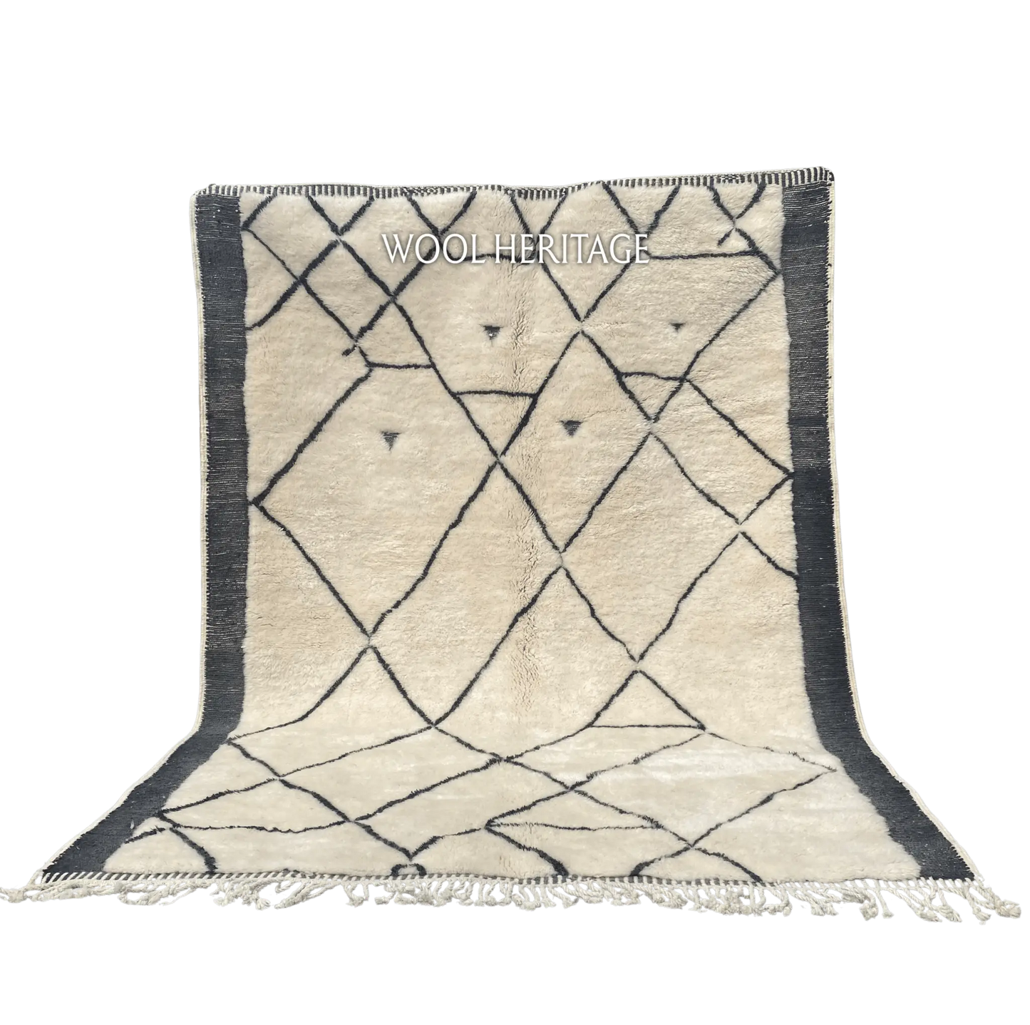 ADRAR ivory Beni Mrirt rug with charcoal mountain-like geometric lines and dark side borders in an isolated product view