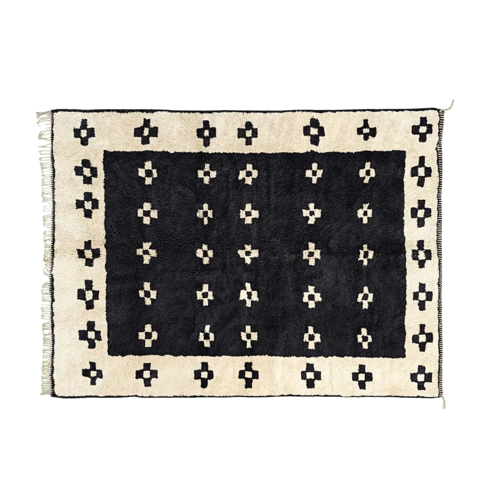 AGDID geometric Beni Mrirt rug with Berber bird motifs in black and ivory wool