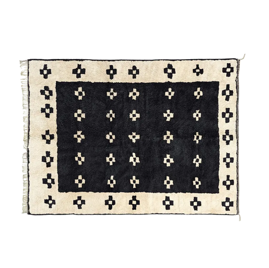 AGDID geometric Beni Mrirt rug with Berber bird motifs in black and ivory wool