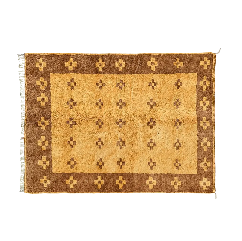 AGDID geometric Beni Mrirt rug with Berber bird motifs in ochre and brown wool