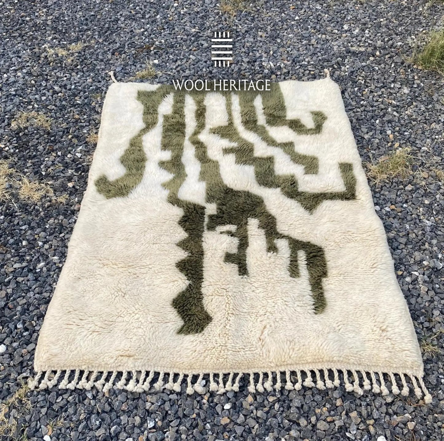 AKNARI Beni Mrirt rug laid flat, showing its complete dark olive botanical composition on warm ivory