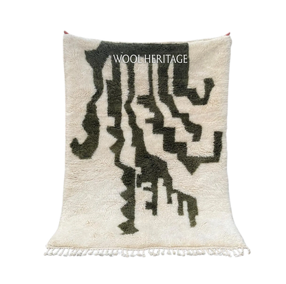 AKNARI ivory Beni Mrirt rug with dark olive cactus-inspired branching forms in an isolated product view