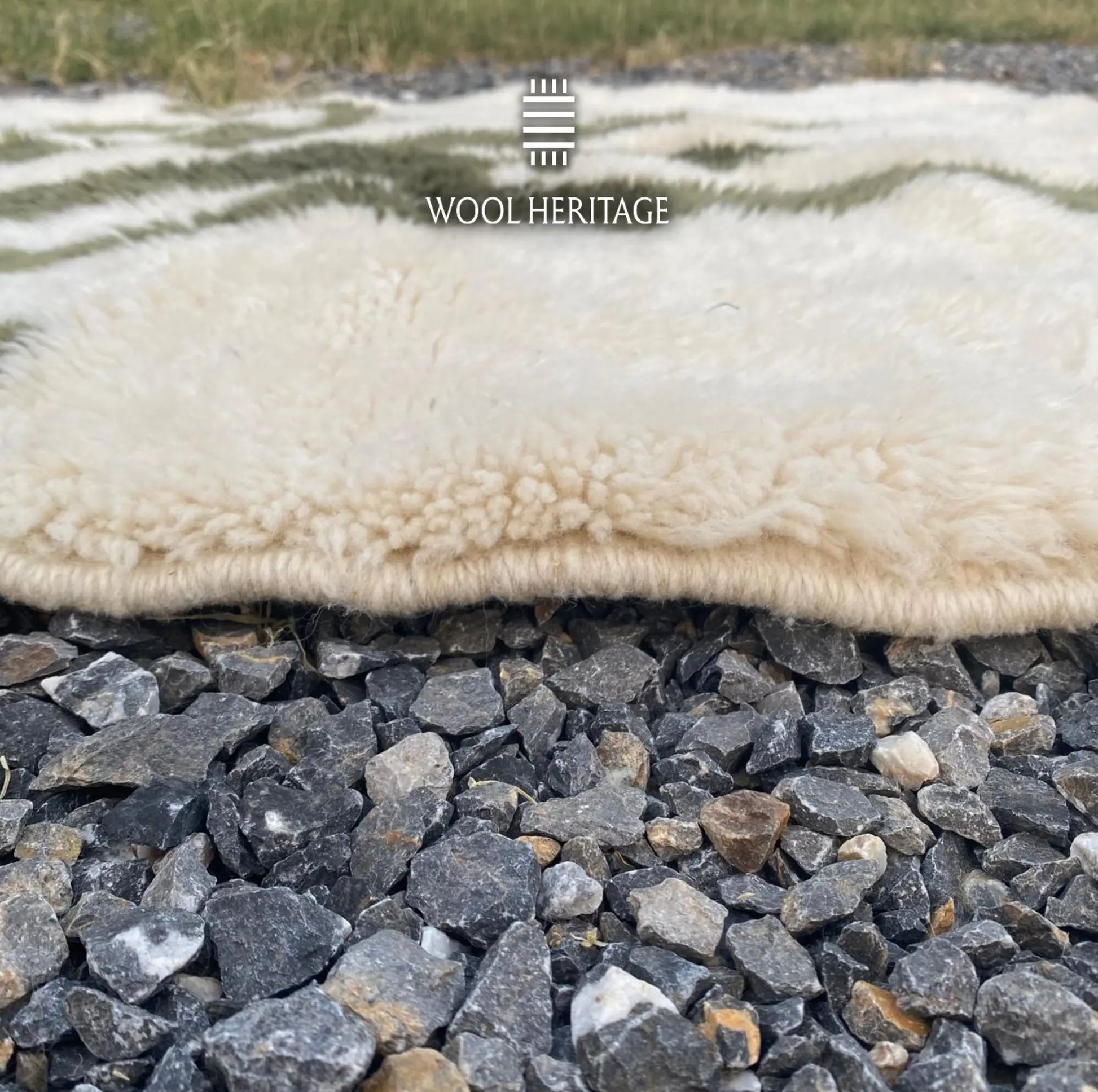 Close-up of AKNARI rug showing its soft ivory Moroccan wool pile, olive pattern, and finished edge
