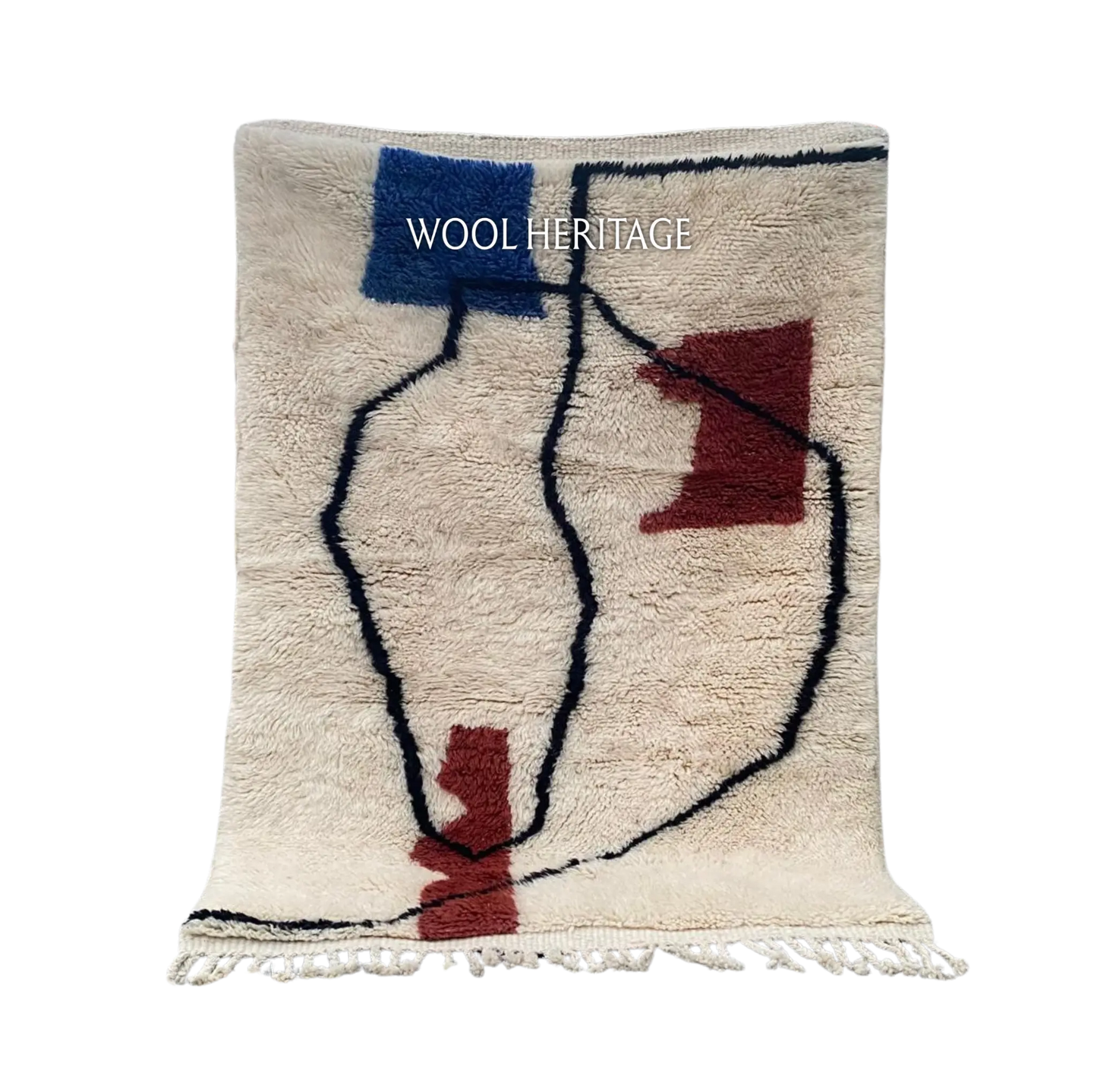 AMARG ivory Beni Mrirt rug with flowing black lines and blue and burgundy abstract forms in an isolated product view