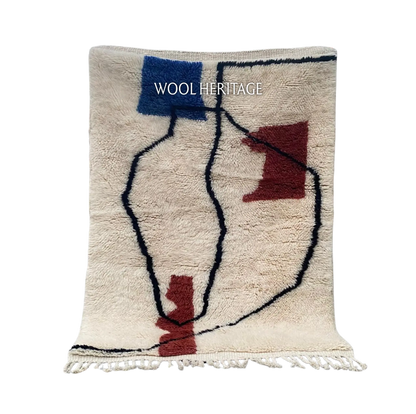 AMARG ivory Beni Mrirt rug with flowing black lines and blue and burgundy abstract forms in an isolated product view