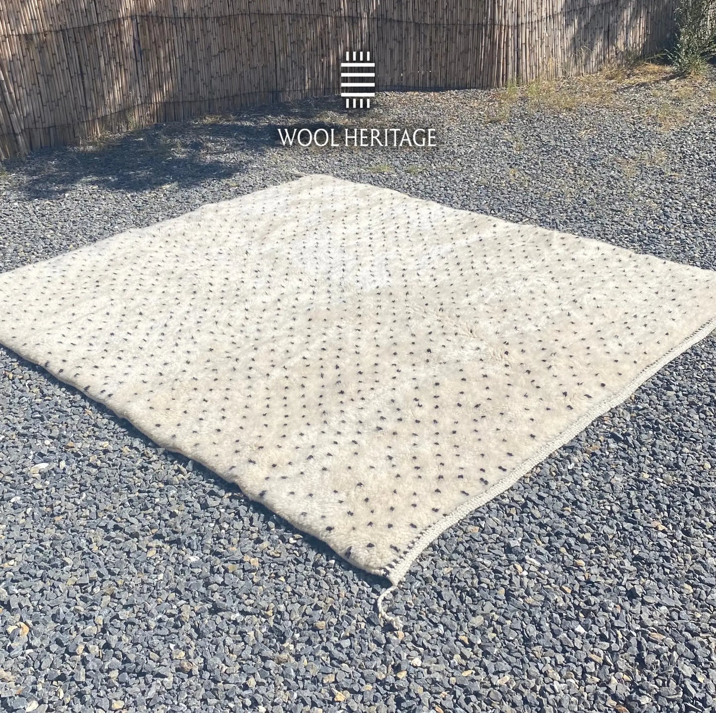 Angled view of AMUD Moroccan wool rug showing its scattered charcoal seed pattern and hand-finished edges