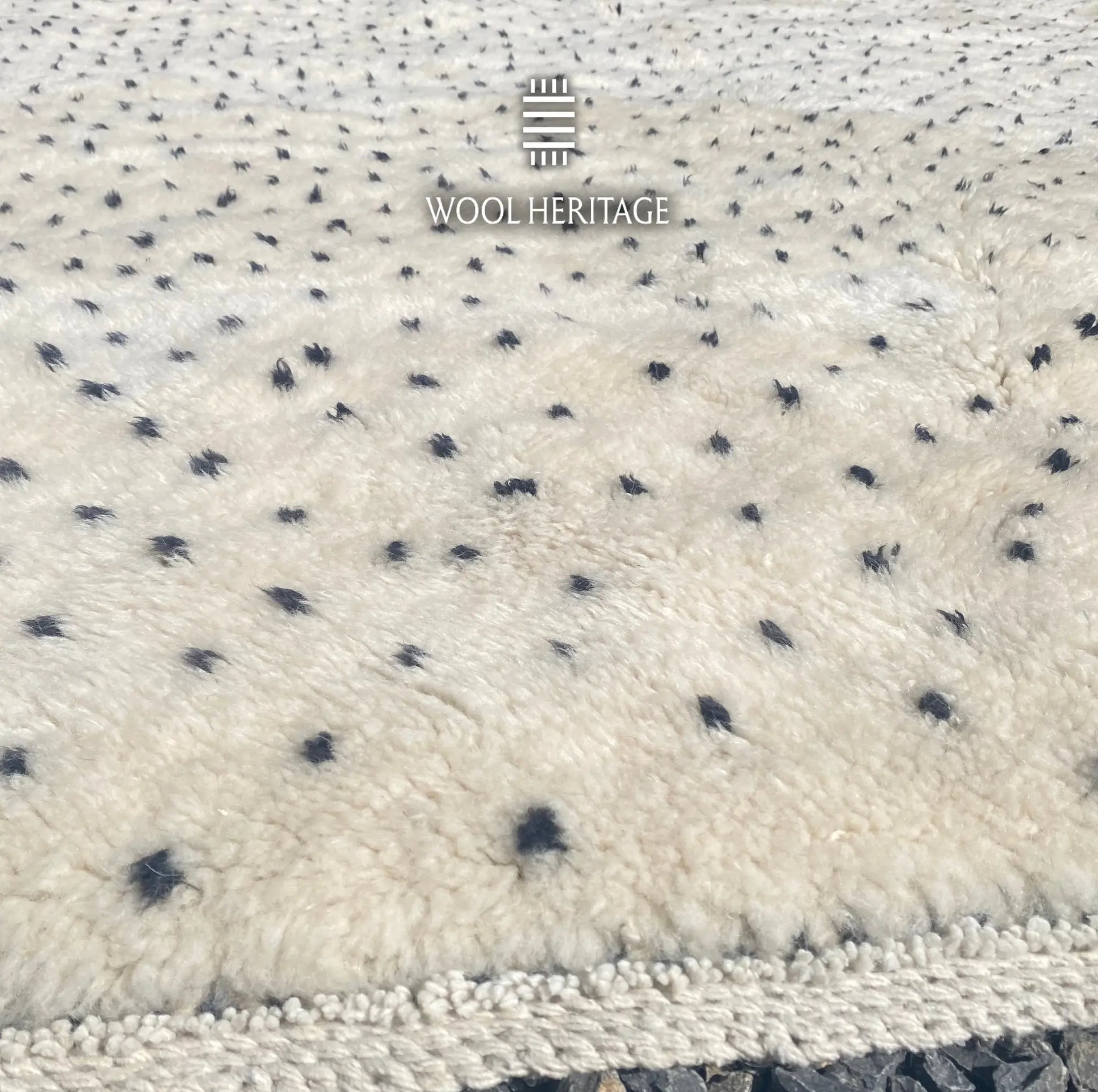 Close-up of AMUD rug showing its soft ivory Moroccan wool pile, charcoal seed-like marks, and finished edge