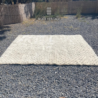 Full horizontal view of AMUD Beni Mrirt rug showing its evenly scattered charcoal marks across warm ivory