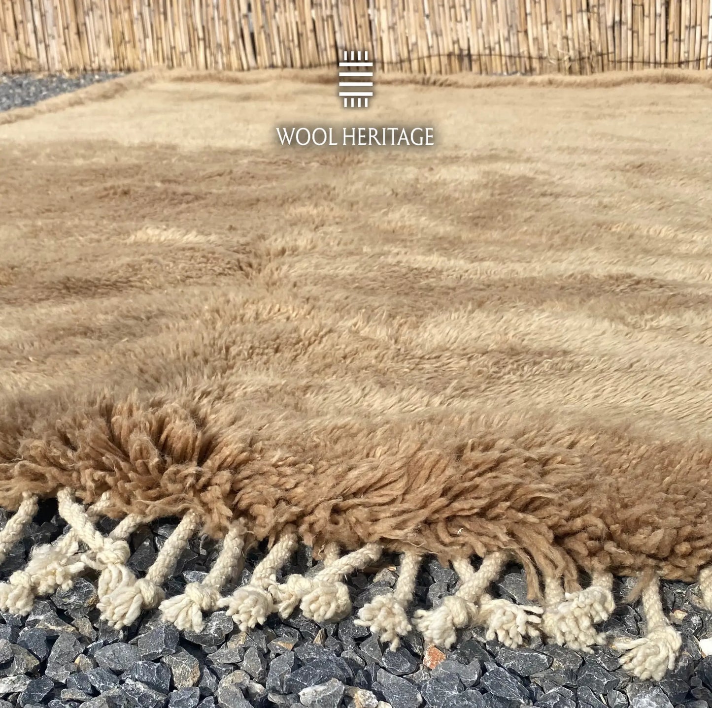 Close-up of ASIREM camel wool rug showing its soft pile, raised border, and hand-plaited fringe