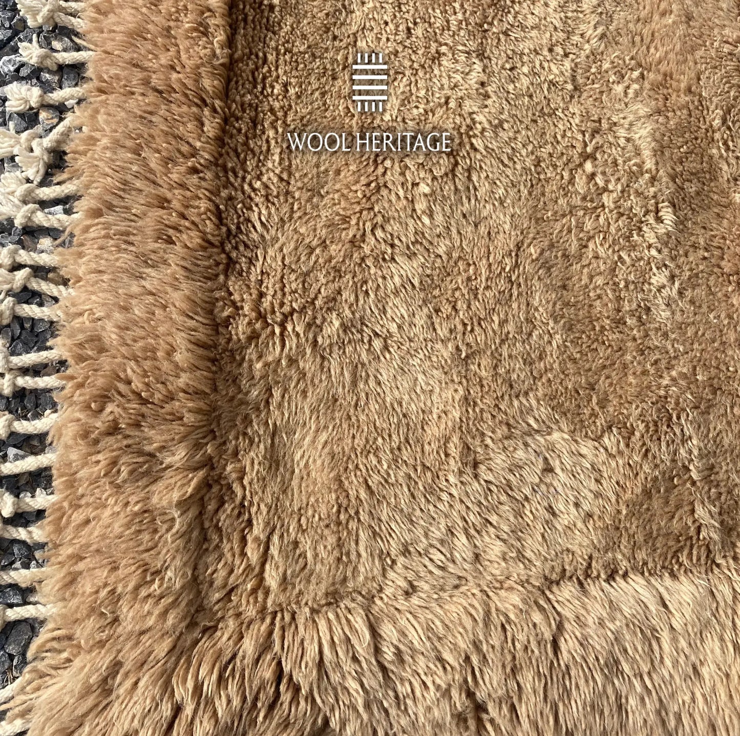 Detailed view of ASIREM high-low rug showing the raised camel border and varied wool pile