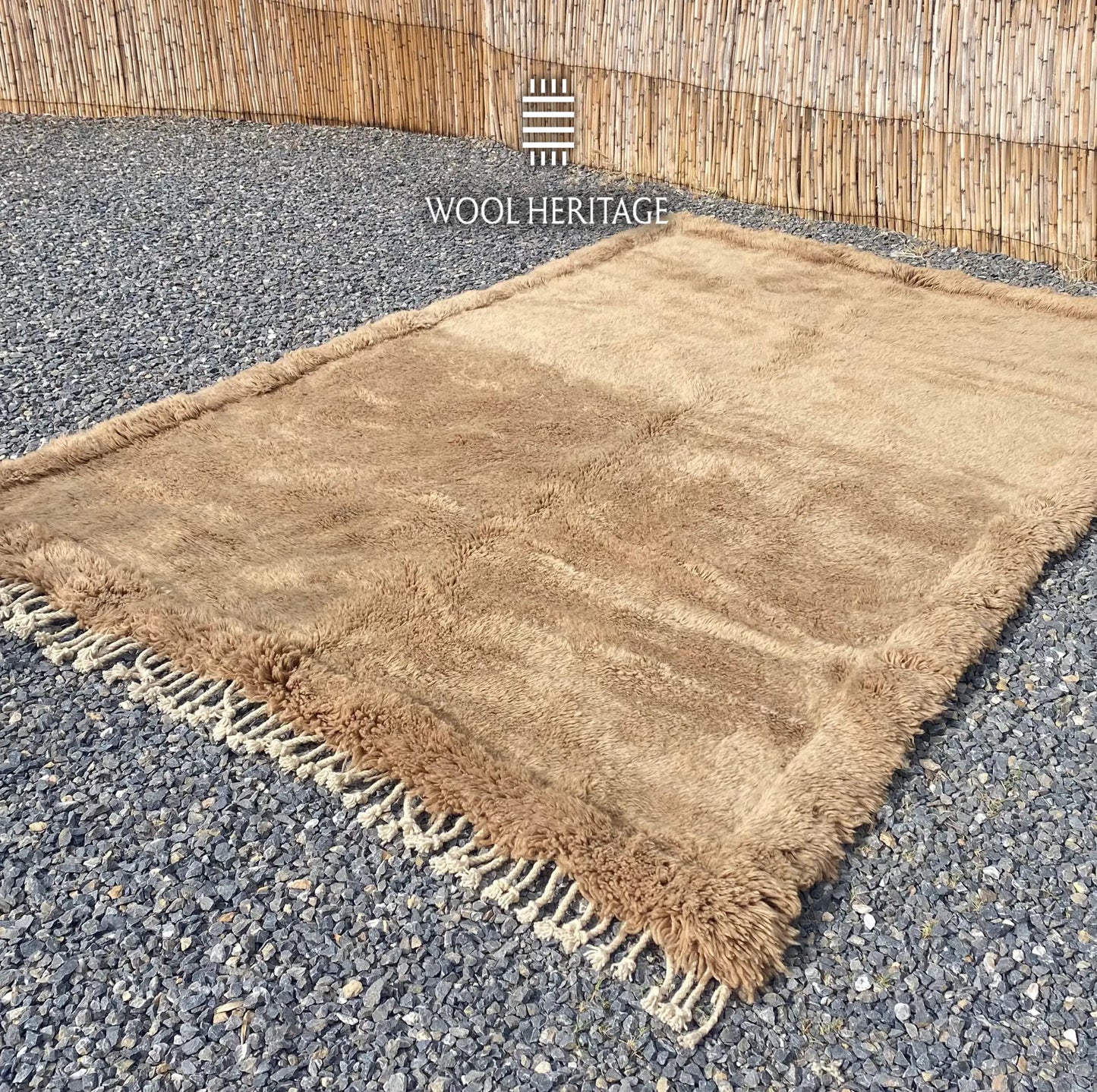 Angled view of ASIREM Beni Mrirt rug showing its minimal central line and textured border