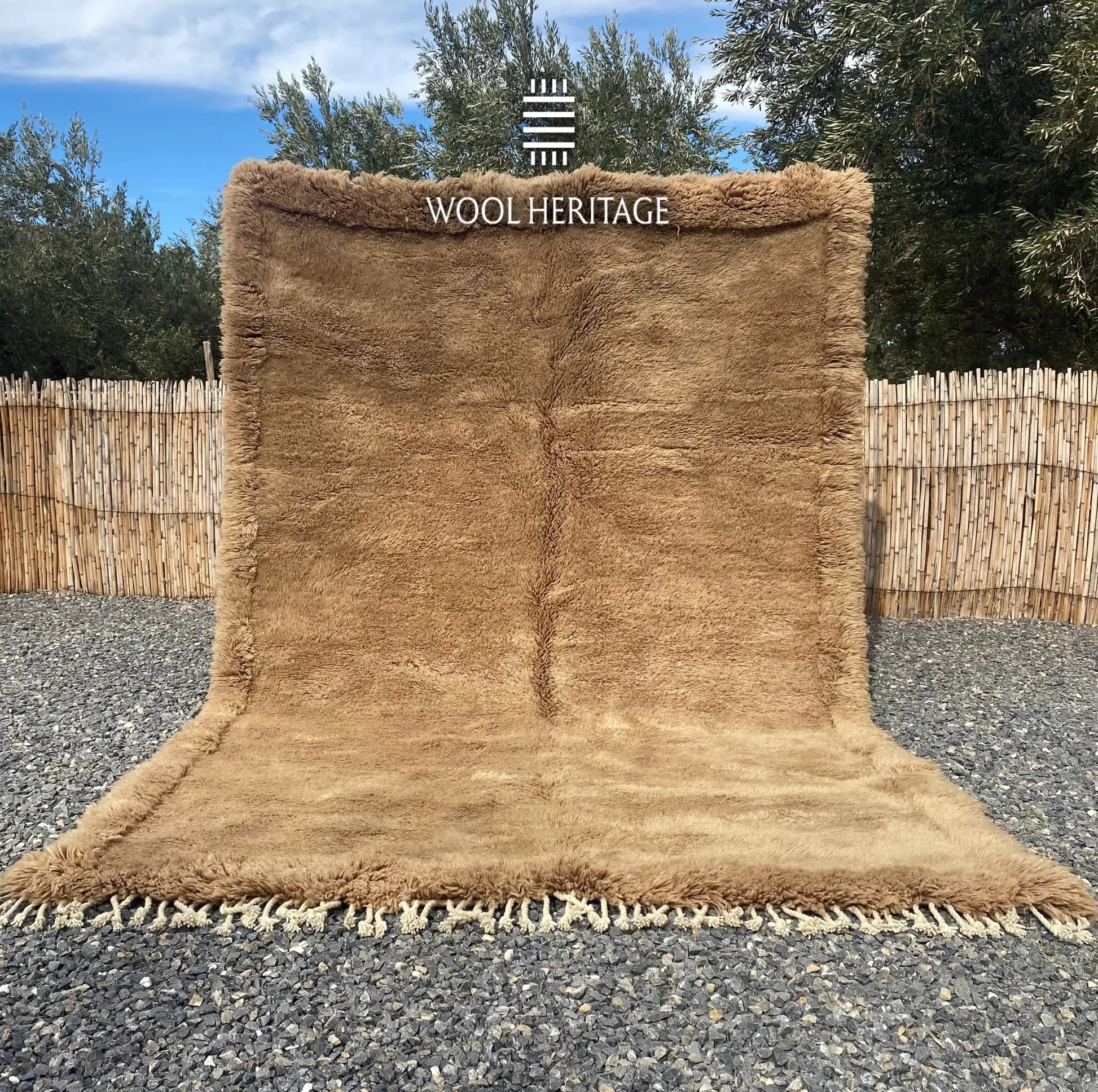 ASIREM hand-knotted camel Moroccan wool rug displayed outdoors in a full front view