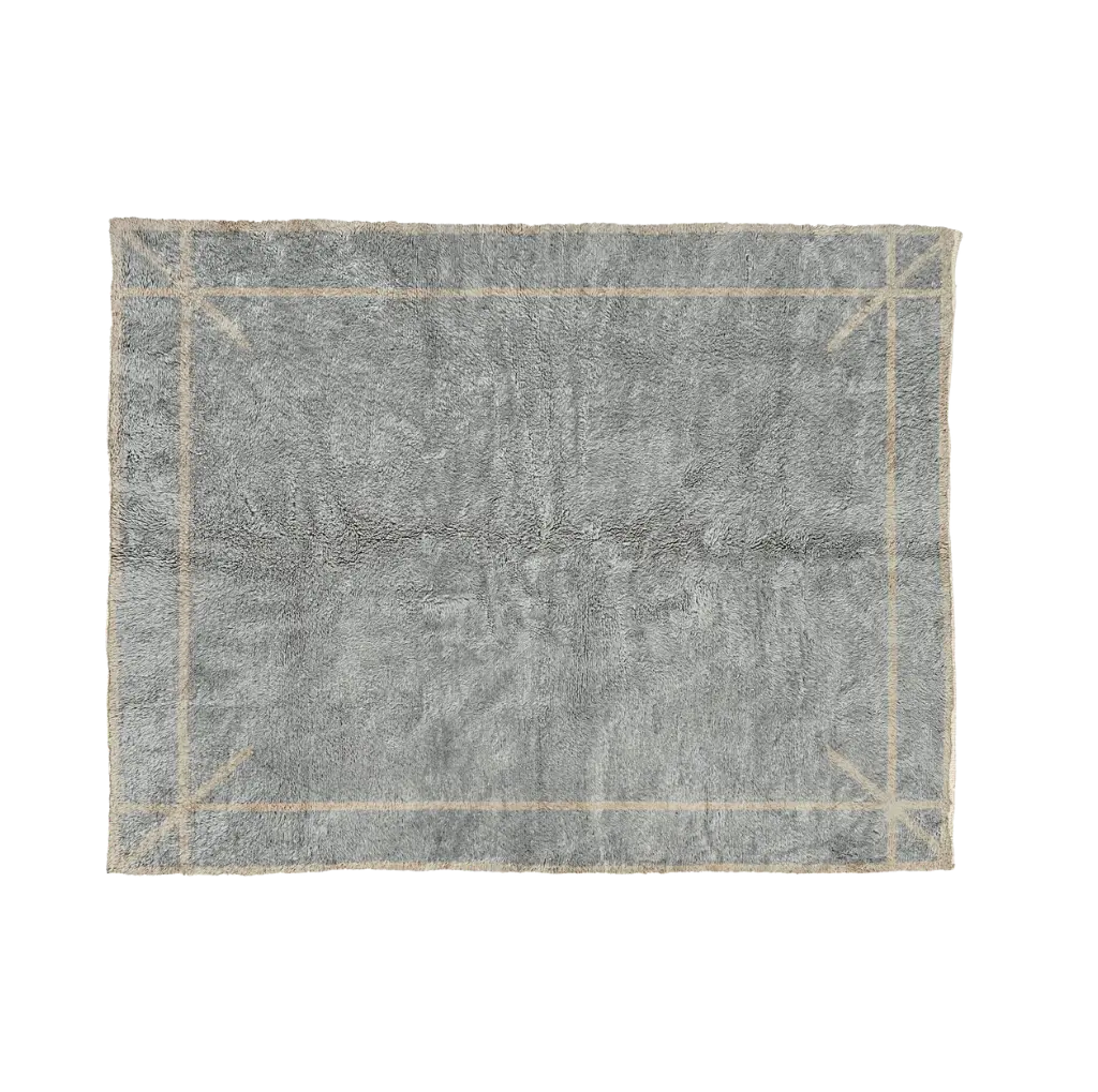 ASMA ash grey Beni Mrirt rug with a thin ivory border and marked corners, hand-knotted in M’rirt from Moroccan wool