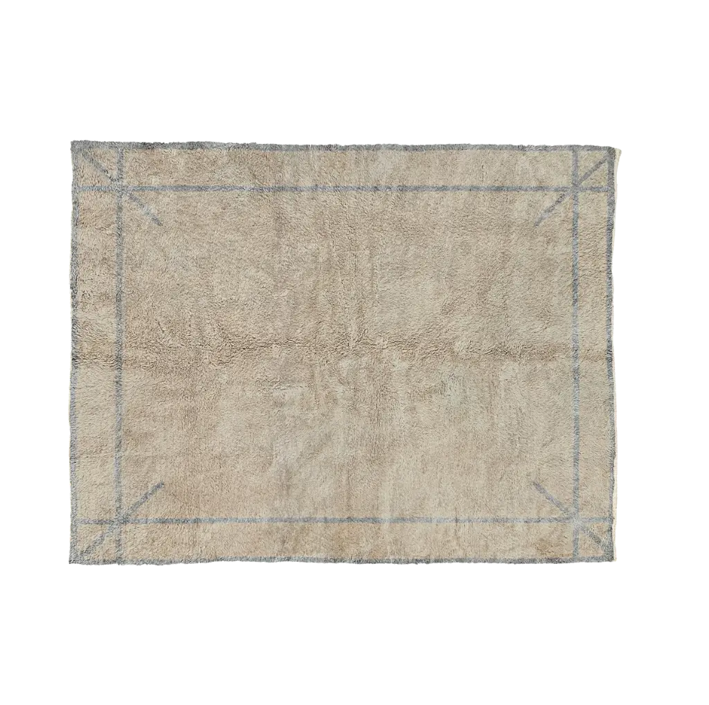ASMA avorio Beni Mrirt rug with a thin ash-grey border and marked corners, hand-knotted in M’rirt from Moroccan wool