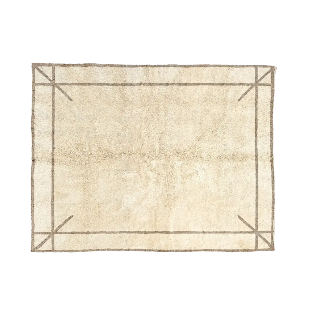 ASMA natural wool Beni Mrirt rug with a thin contrasting border and marked corners, hand-knotted in M’rirt, Morocco