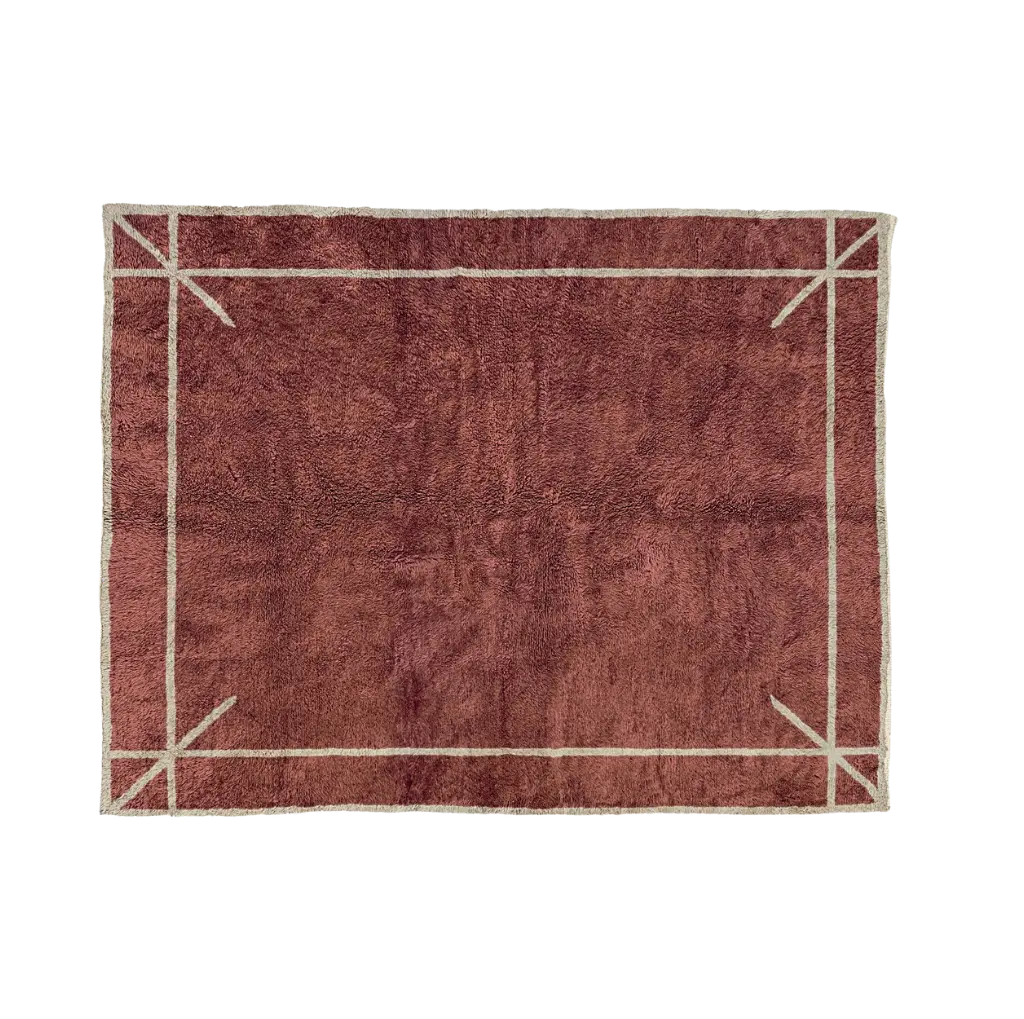 ASMA oxblood Beni Mrirt rug with a thin ivory border and marked corners, hand-knotted in M’rirt from Moroccan wool