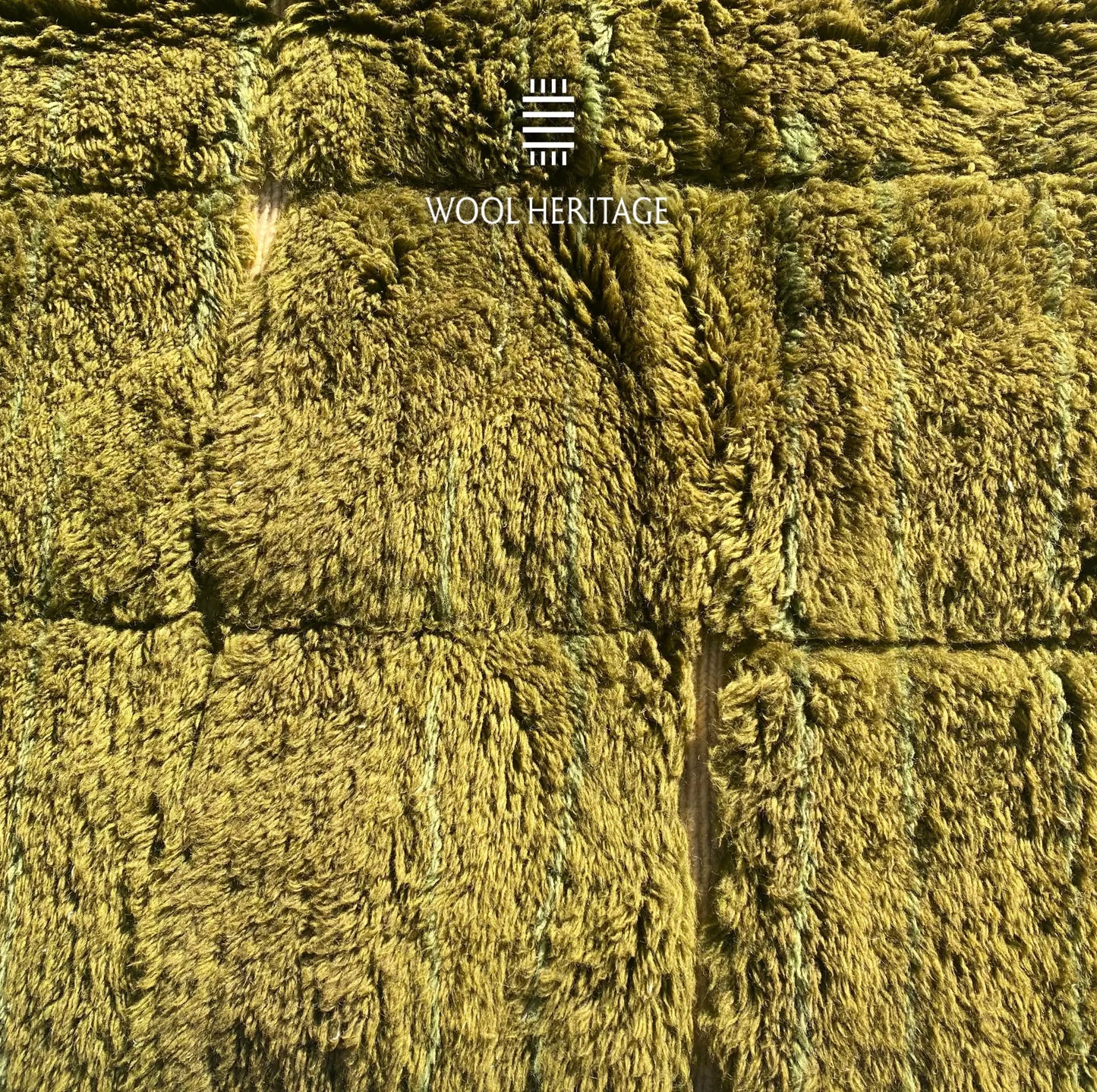 Close-up of AZMMUR high-low rug showing raised olive rectangles separated by narrow ivory lines