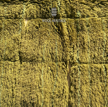 Close-up of AZMMUR high-low rug showing raised olive rectangles separated by narrow ivory lines