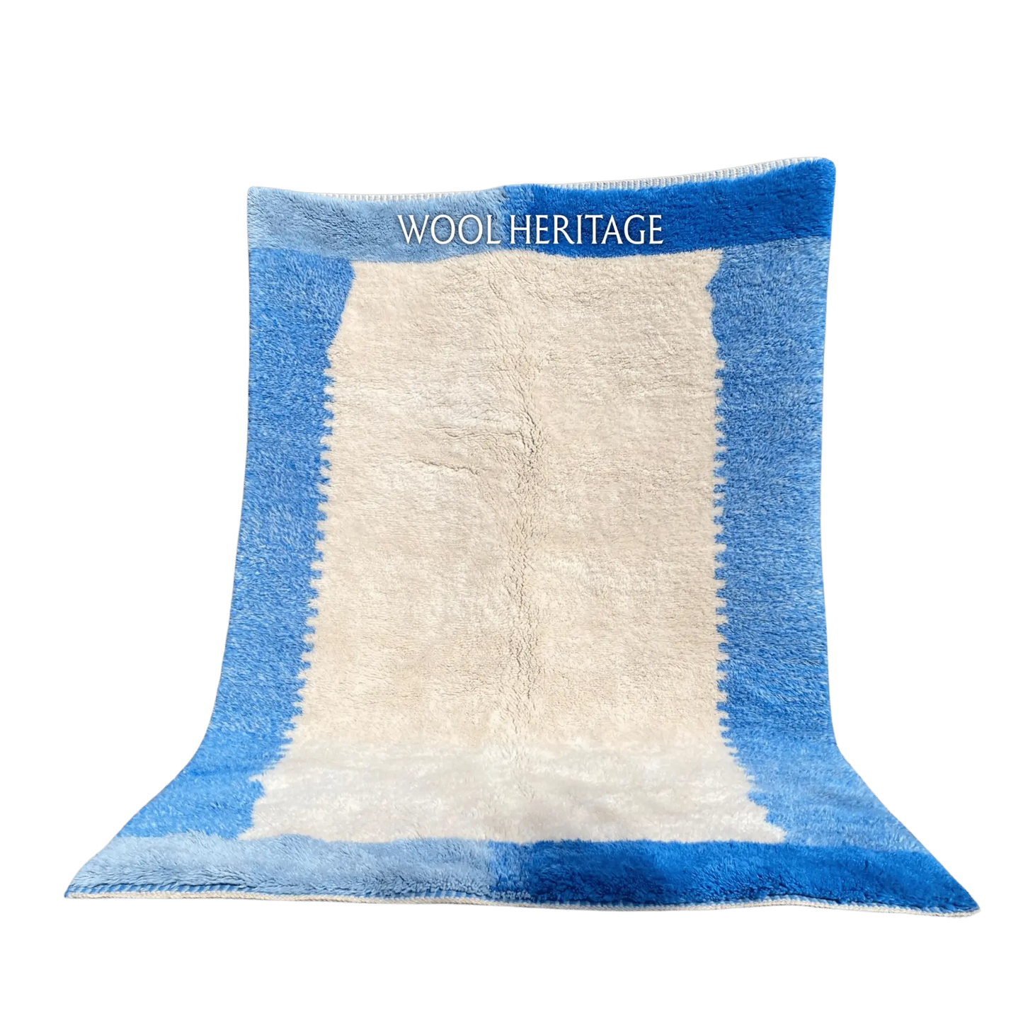 IGENNA blue and ivory Beni Mrirt rug with a layered sky-blue and cobalt border in an isolated product view