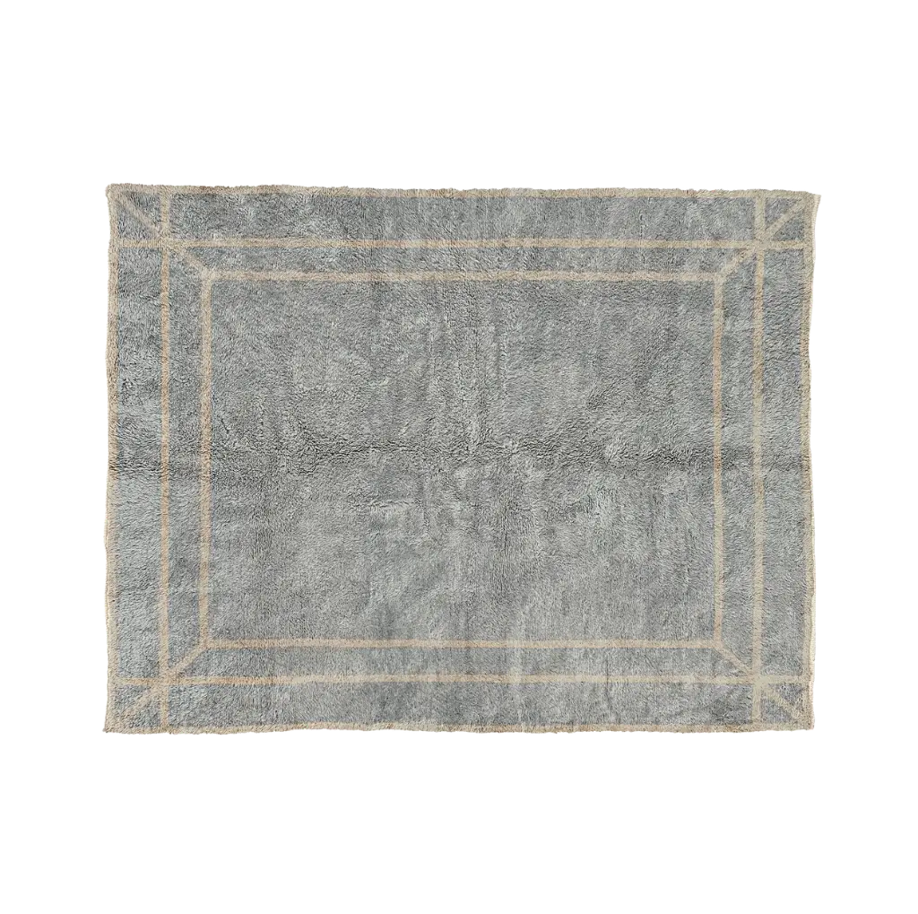 INAYA light gray Beni Mrirt rug with a cream double-line border, hand-knotted in M’rirt from Moroccan wool