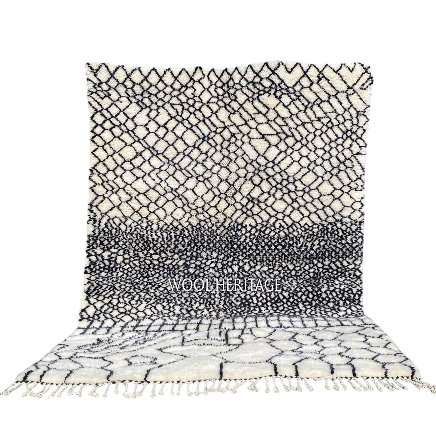 ITRAN black and ivory Beni Mrirt rug with an irregular diamond lattice in an isolated product view