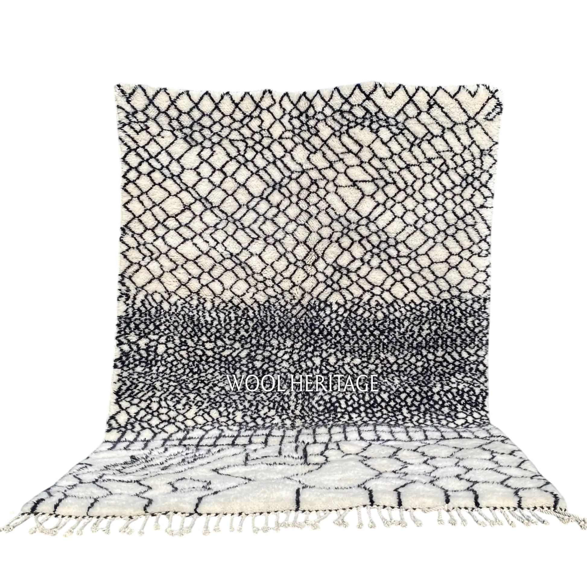 ITRAN black and ivory Beni Mrirt rug with an irregular diamond lattice in an isolated product view