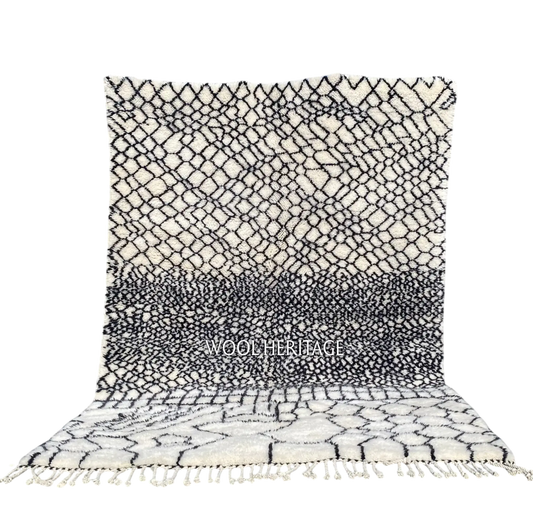 ITRAN black and ivory Beni Mrirt rug with an irregular diamond lattice in an isolated product view