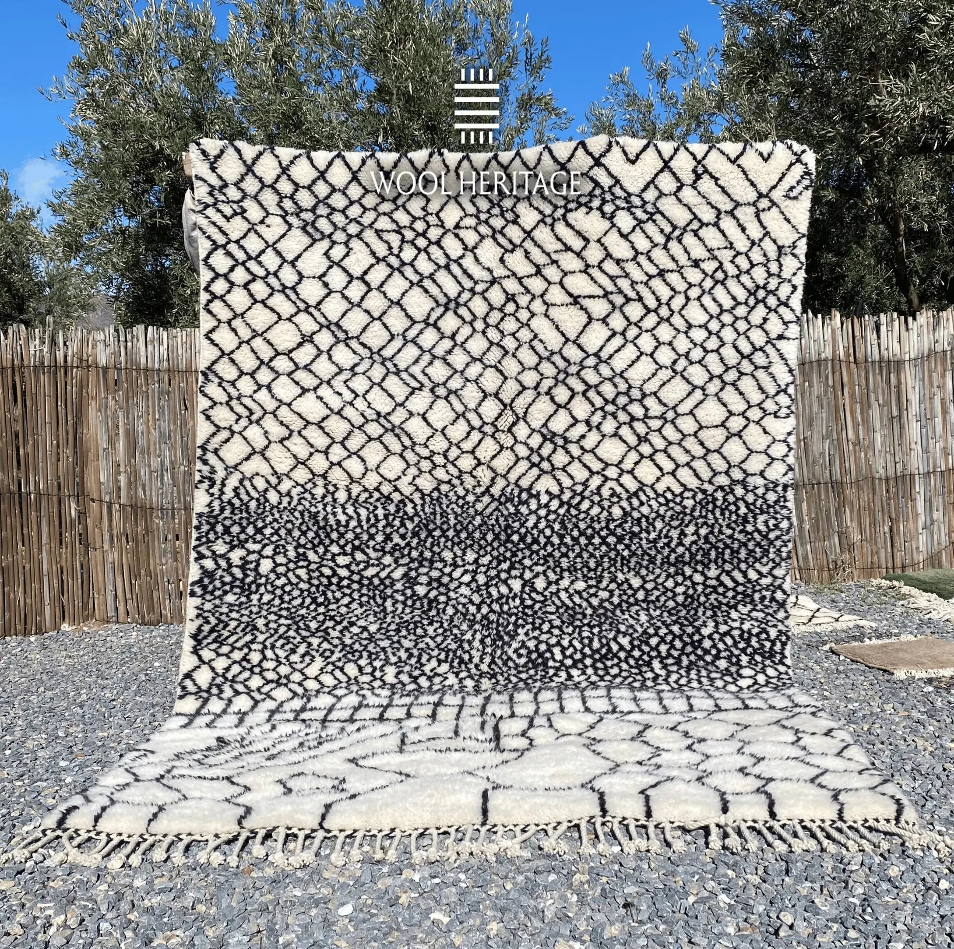 ITRAN hand-knotted black and ivory Moroccan wool rug displayed outdoors in a full front view