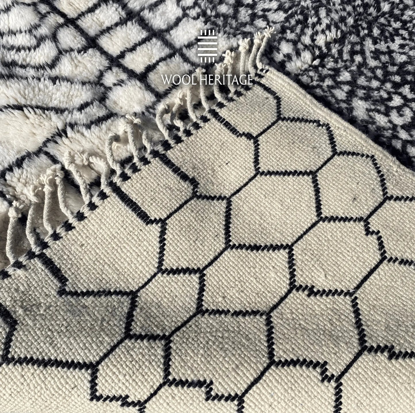 Back of ITRAN hand-knotted Moroccan rug showing the woven construction, black pattern, and fringe finish
