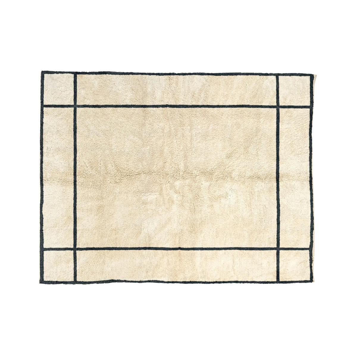 NAIMA natural wool Beni Mrirt rug with a hand-drawn black border, hand-knotted in M’rirt, Morocco