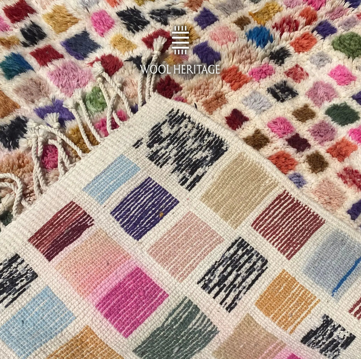 Back of TAFSUT Beni Mrirt rug showing its woven construction and multicolour geometric squares