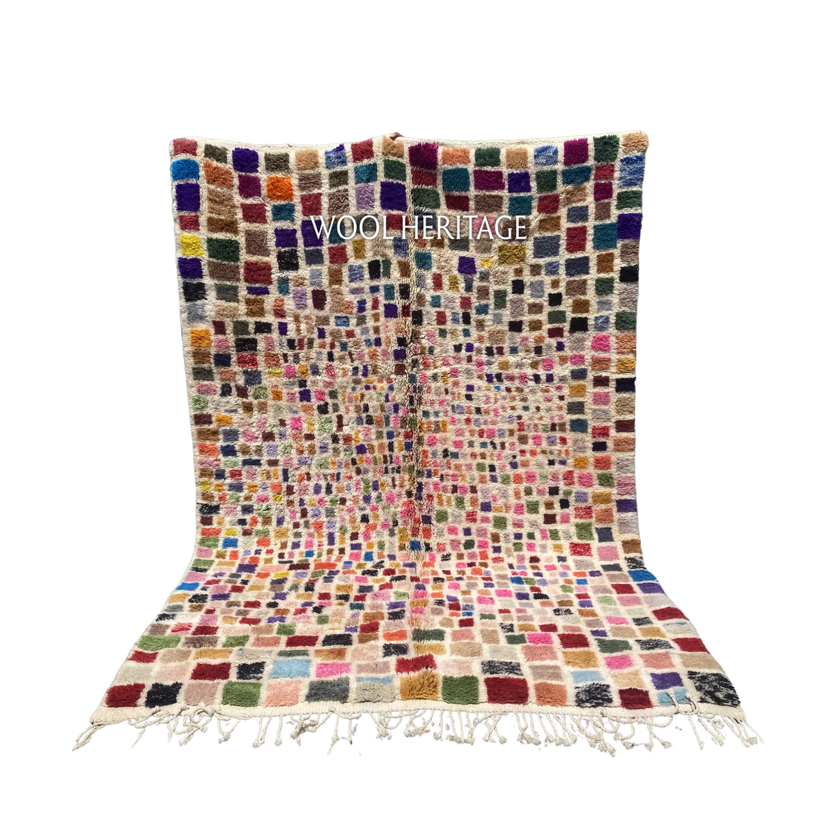 TAFSUT colourful Beni Mrirt rug with multicolour woven squares and rectangles across an ivory field in an isolated product view