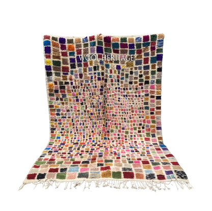 TAFSUT colourful Beni Mrirt rug with multicolour woven squares and rectangles across an ivory field in an isolated product view
