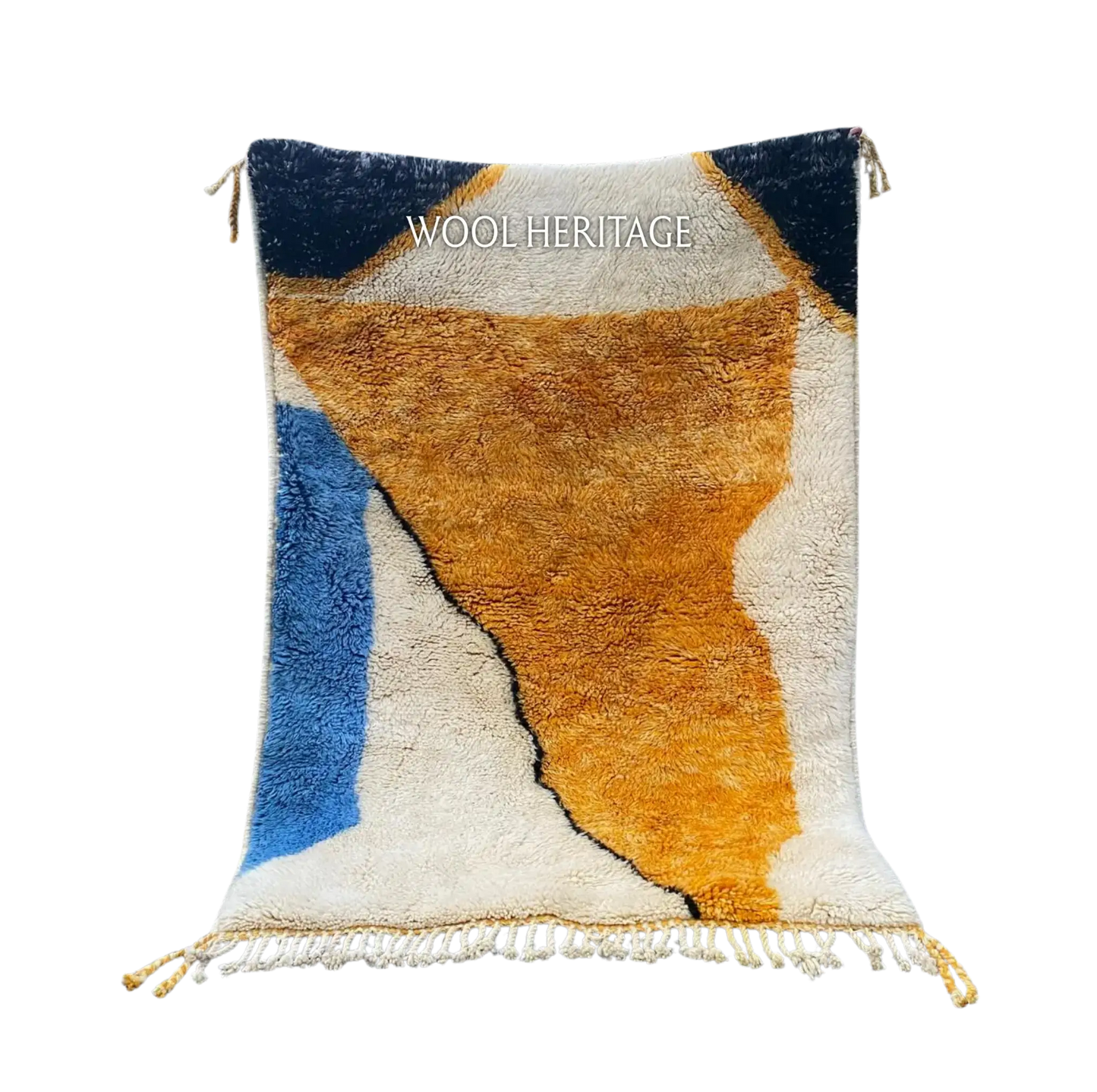 TAMURT abstract Beni Mrirt rug with flowing ochre, ivory, navy, and blue organic forms in an isolated product view