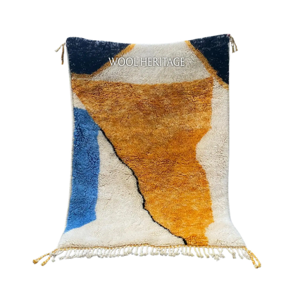 TAMURT abstract Beni Mrirt rug with flowing ochre, ivory, navy, and blue organic forms in an isolated product view