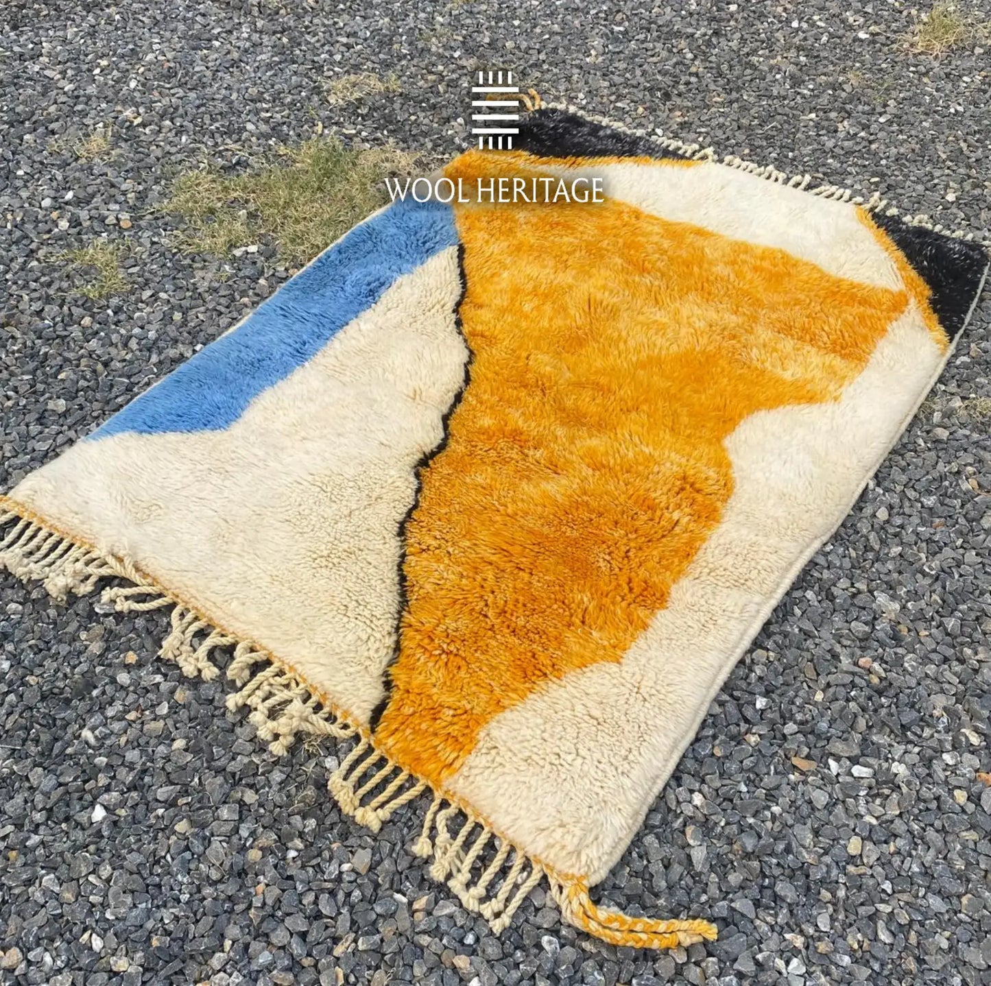 Angled view of TAMURT Beni Mrirt rug showing its irregular organic colour fields and hand-finished fringe