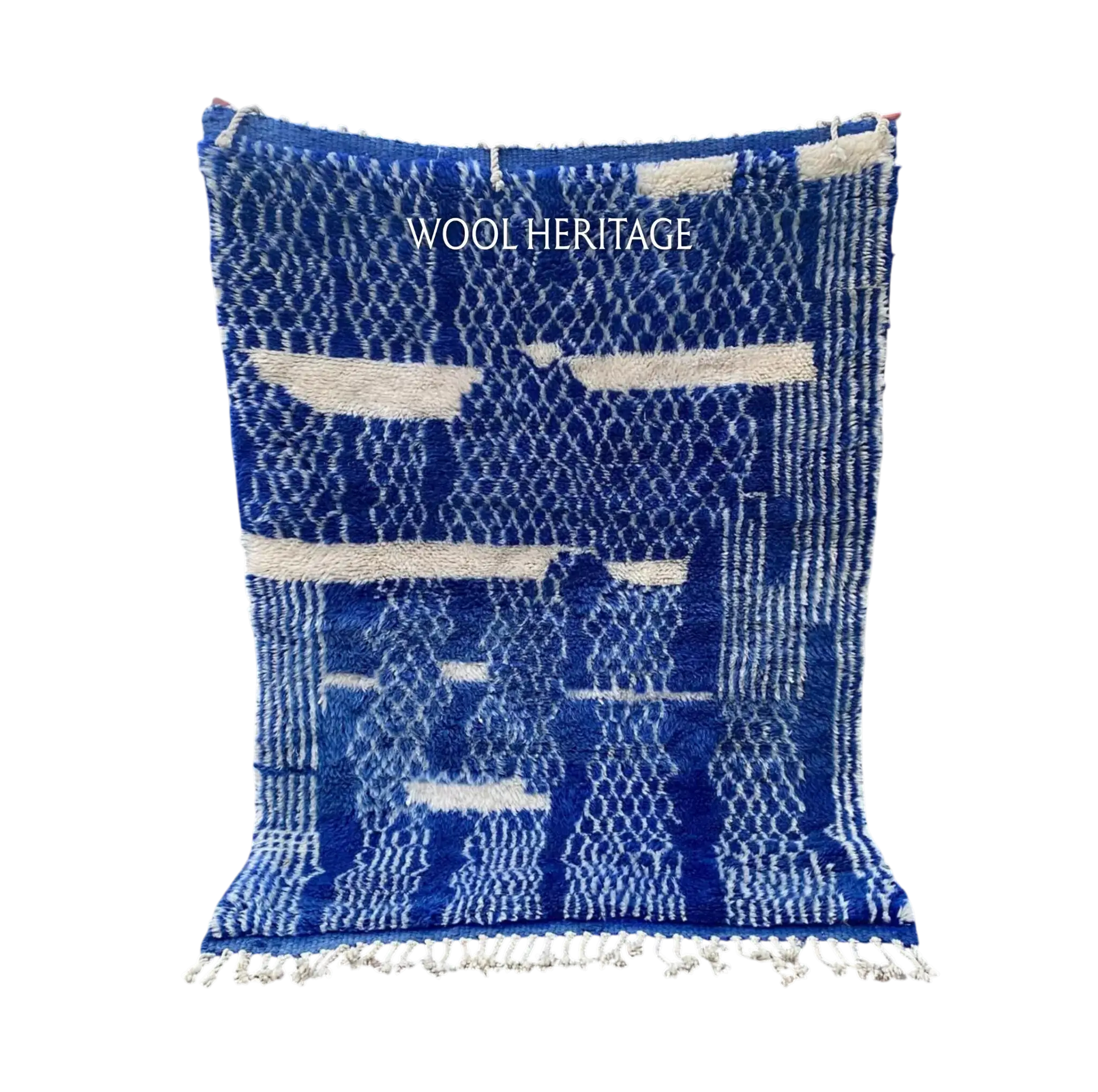 TARGA cobalt-blue and ivory Beni Mrirt rug with layered grids and irregular pathways in an isolated product view