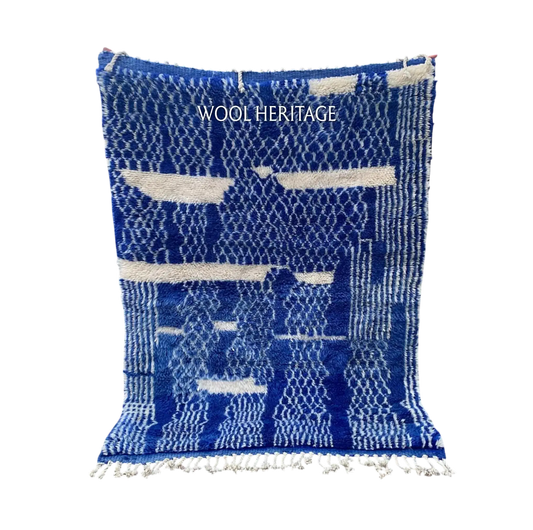 TARGA cobalt-blue and ivory Beni Mrirt rug with layered grids and irregular pathways in an isolated product view