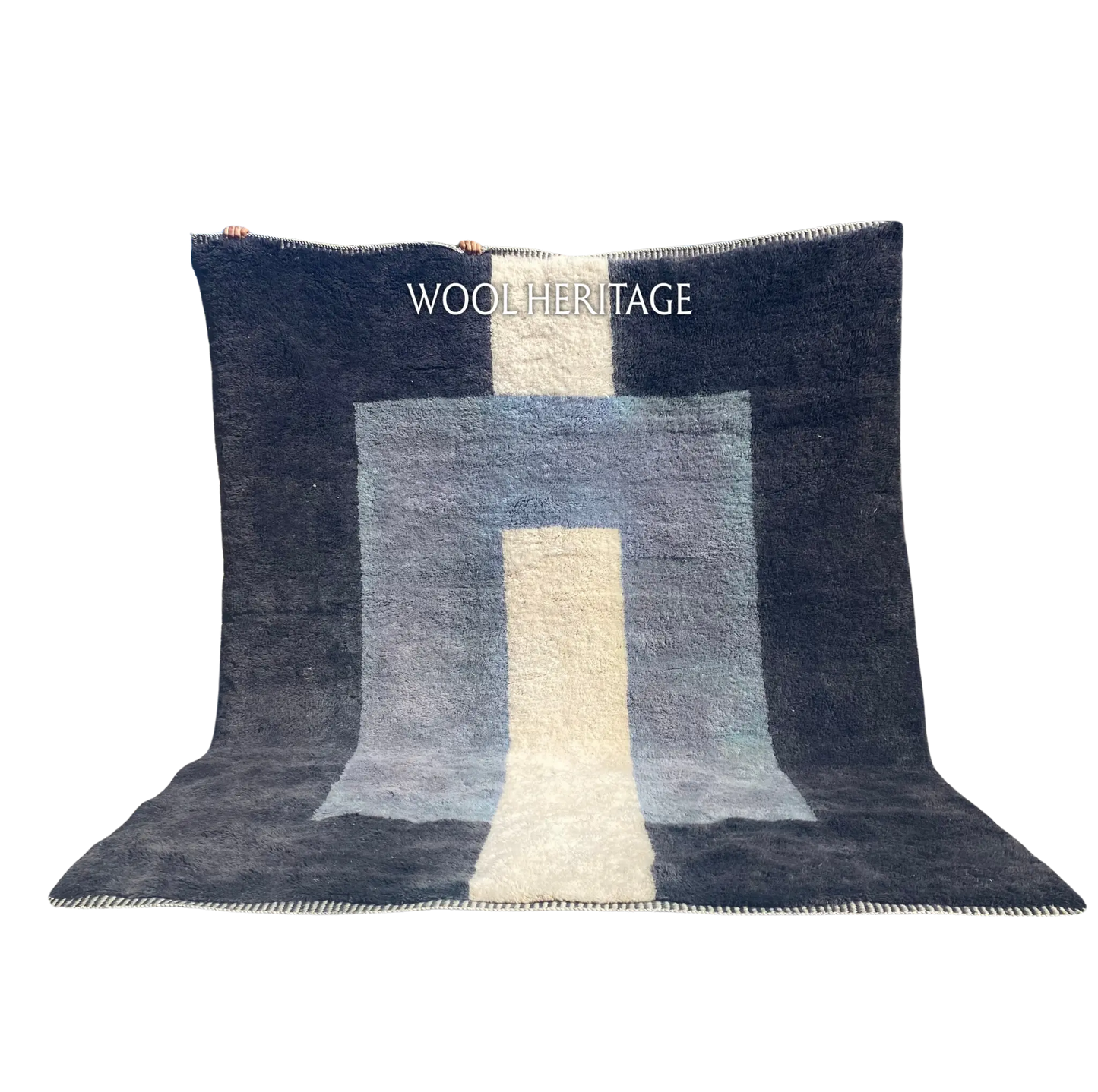 TAWWURT blue and ivory Beni Mrirt rug with a geometric doorway design in an isolated product view