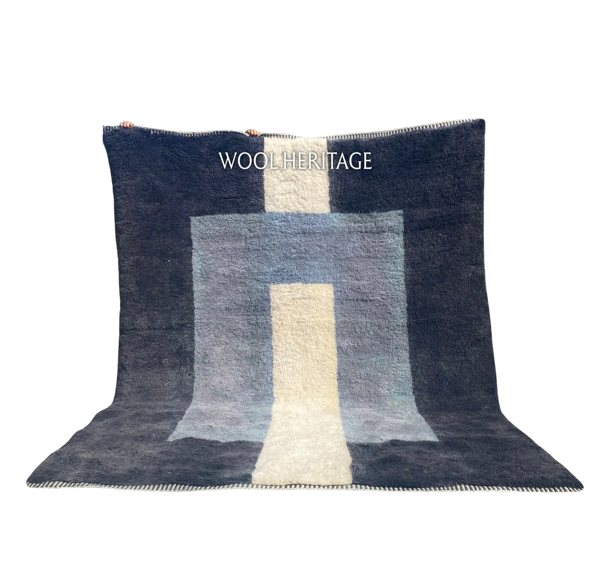 TAWWURT blue and ivory Beni Mrirt rug with a geometric doorway design in an isolated product view