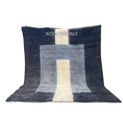 TAWWURT blue and ivory Beni Mrirt rug with a geometric doorway design in an isolated product view