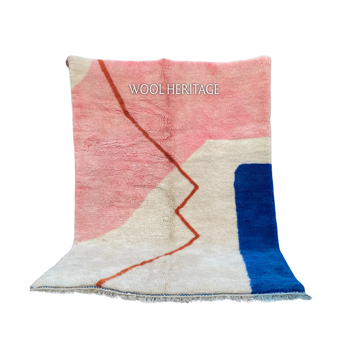 TAYRI pink and blue Beni Mrirt rug with an abstract terracotta line and ivory sections in an isolated product view