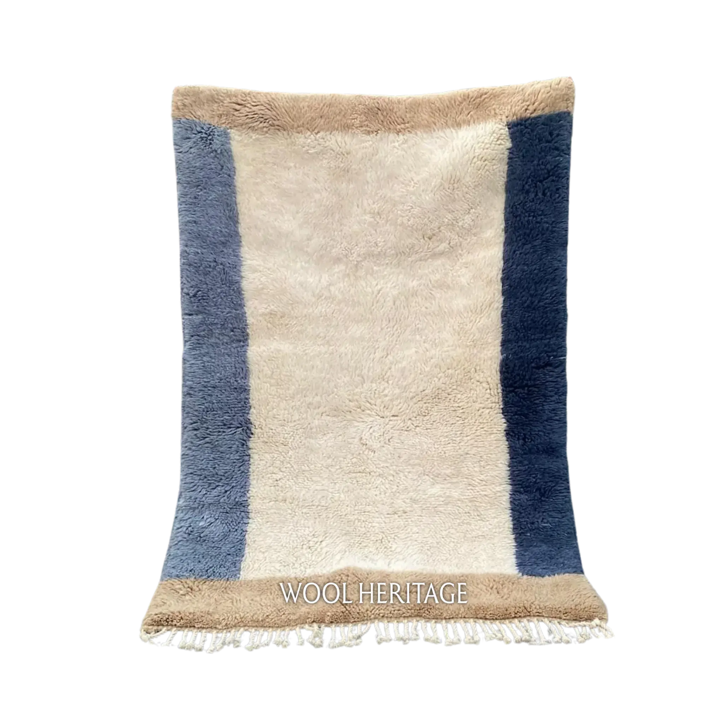 TIFAWT blue and ivory Beni Mrirt rug with asymmetrical side bands and warm beige ends in an isolated product view
