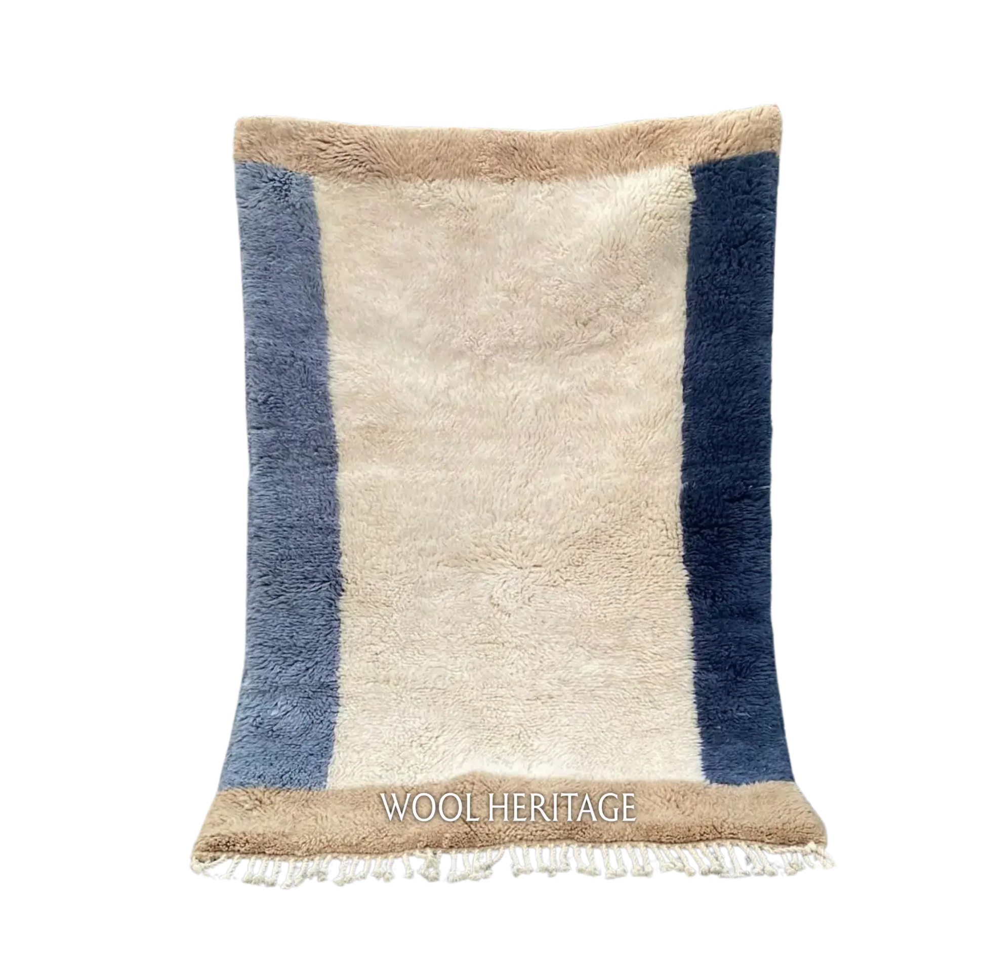 TIFAWT blue and ivory Beni Mrirt rug with asymmetrical side bands and warm beige ends in an isolated product view