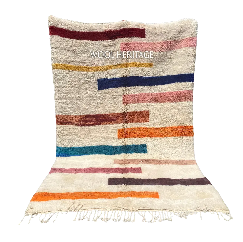 TIGRAT multicolour Beni Mrirt rug with uneven horizontal bands across an ivory wool ground in an isolated product view