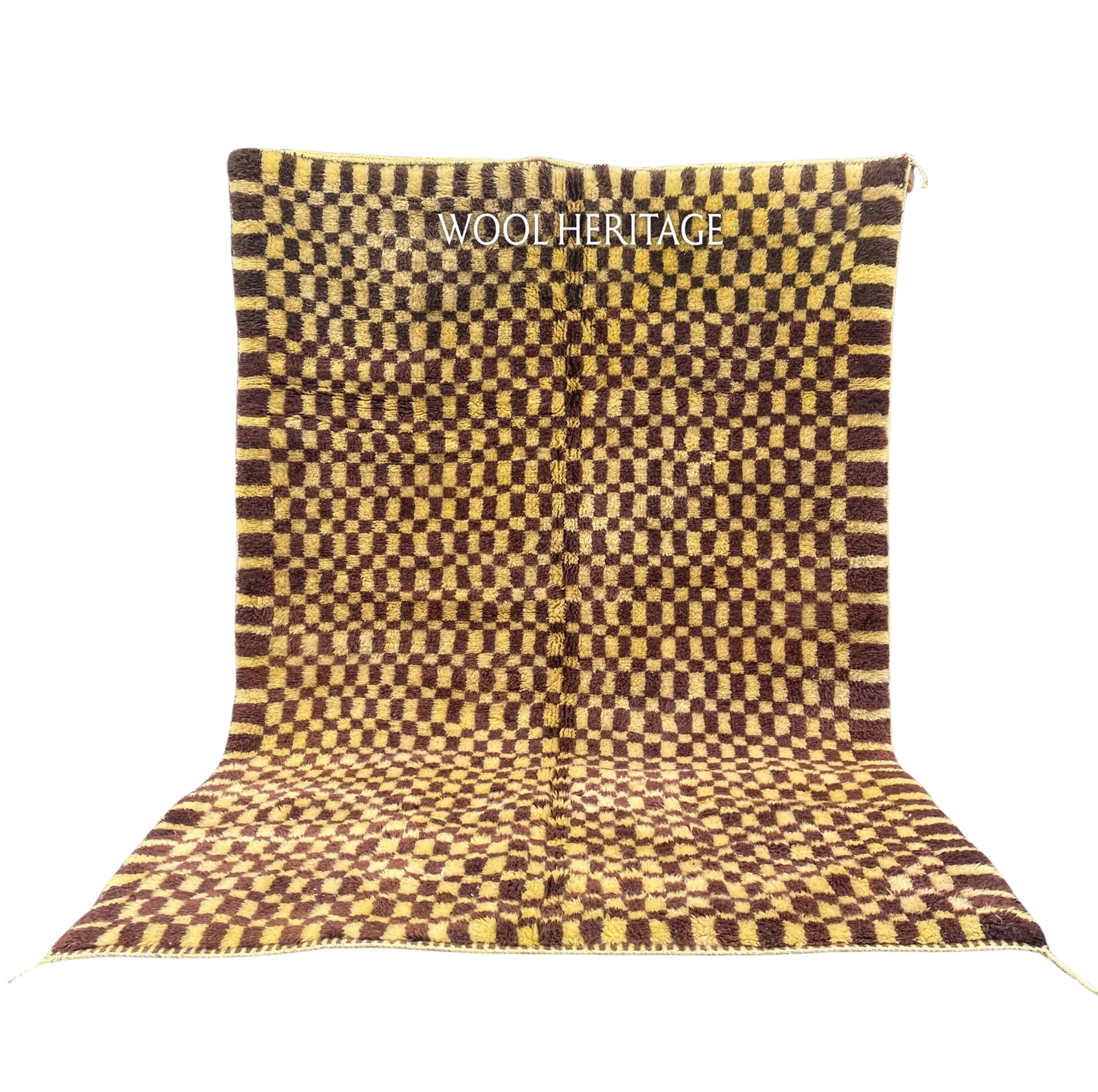 TIZWIT golden-yellow and brown Beni Mrirt rug with an irregular checkerboard in an isolated product view